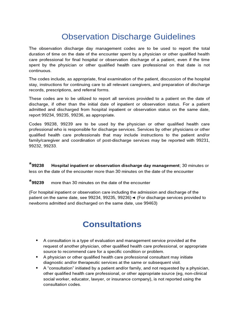 Observation Discharge & Consultation Codes | PDF | Patient | Hospital