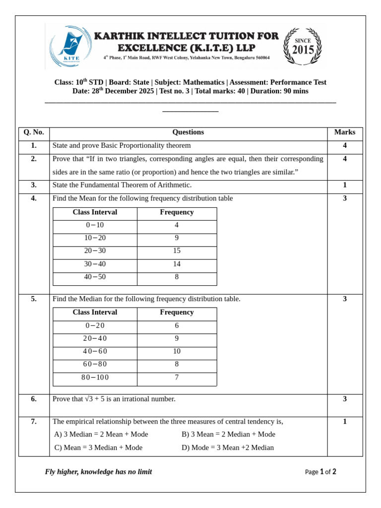 KITE - Question Paper Format | PDF | Quadratic Equation | Equations