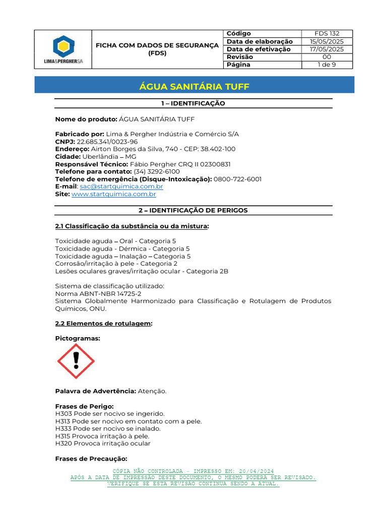 Ficha de Segurança Água Sanitária Tuff | PDF | Toxicidade