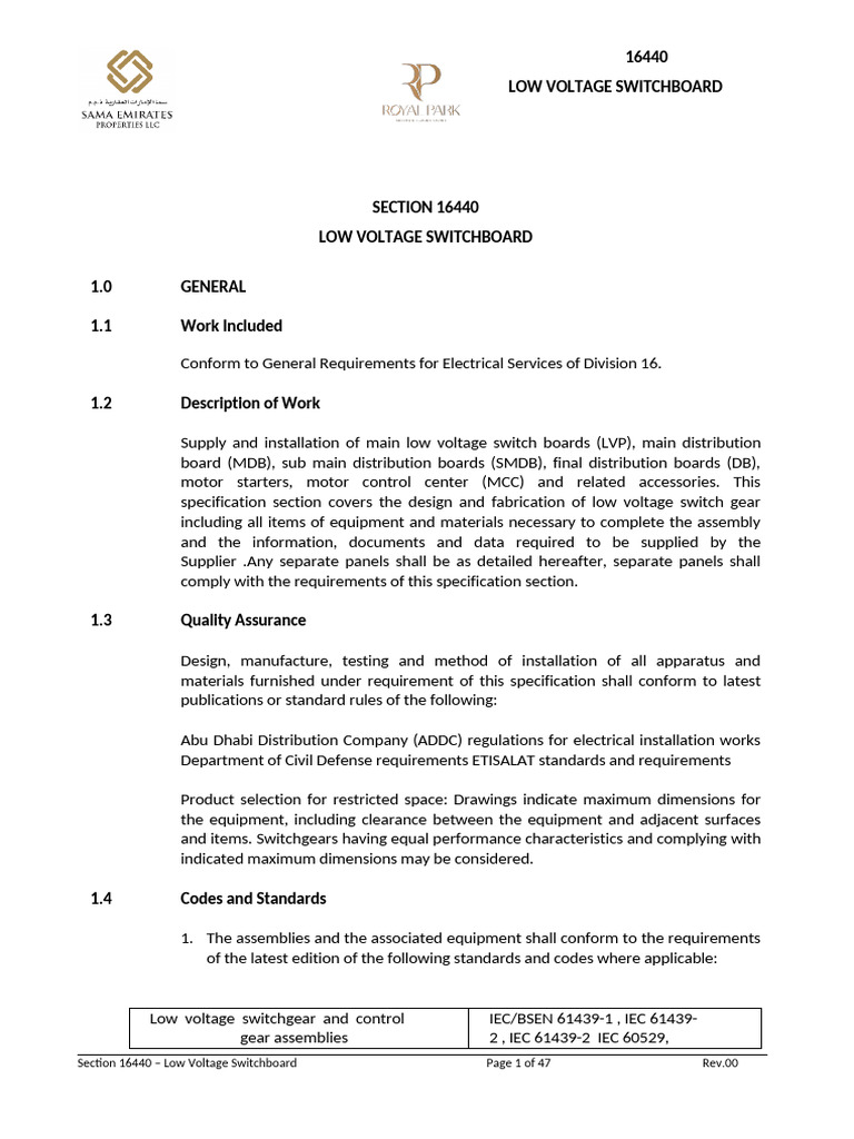 Low Voltage Switchboard Specifications | PDF | Switch | Electrical Wiring