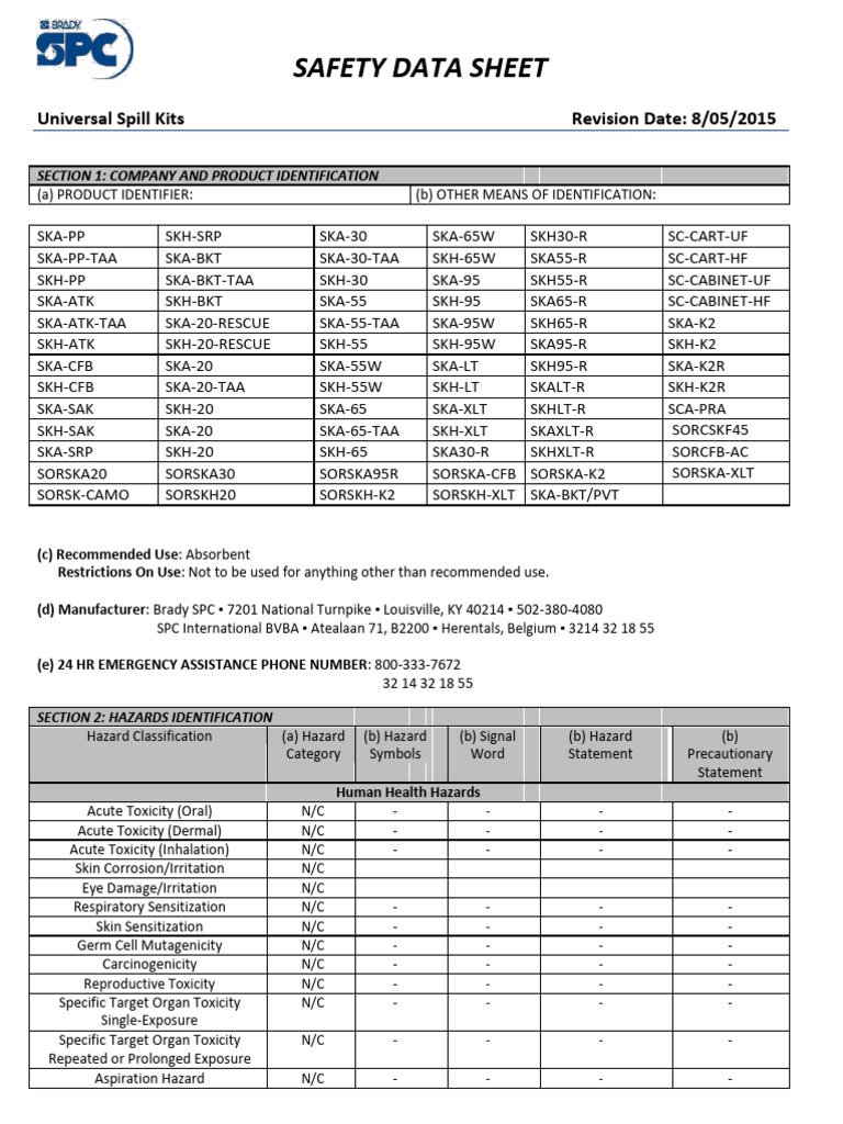 Universal Spill Kits Safety Data Sheet | PDF | Hazards | Dangerous