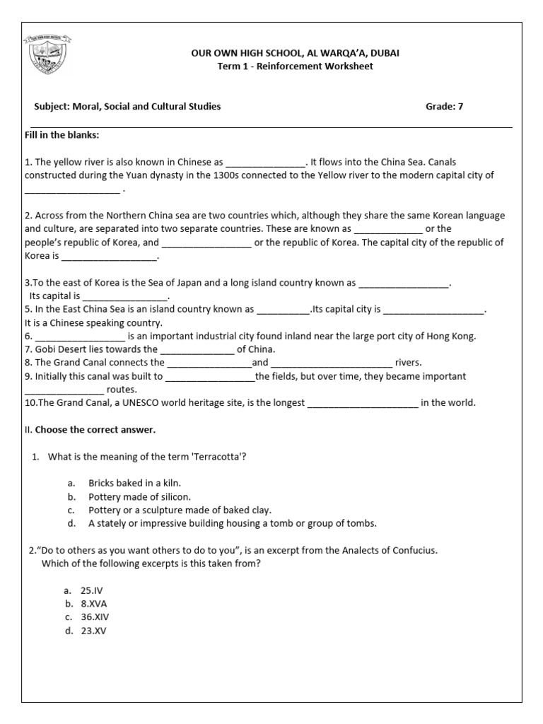 Grade 7 MSCS Term1 Reinforcement Worksheet 2025 | PDF | China | World ...