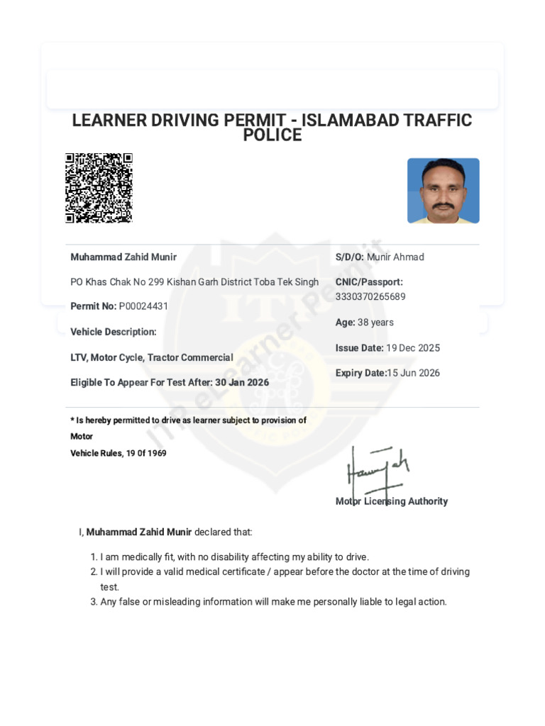 Islamabad Learner Driving Permit Details | PDF