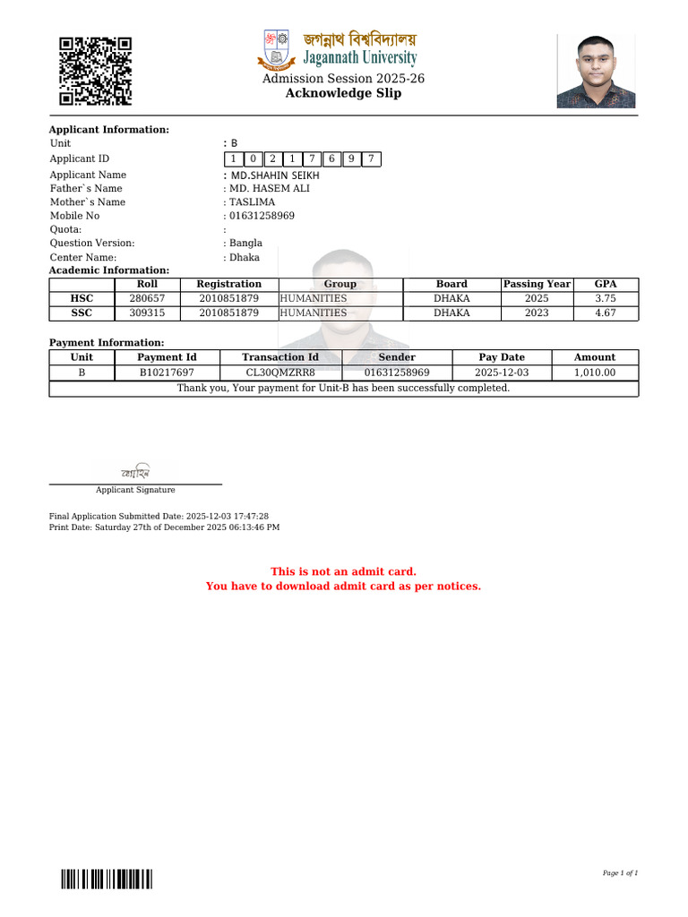 Jnu Admission 2025 2026 10217697 | PDF