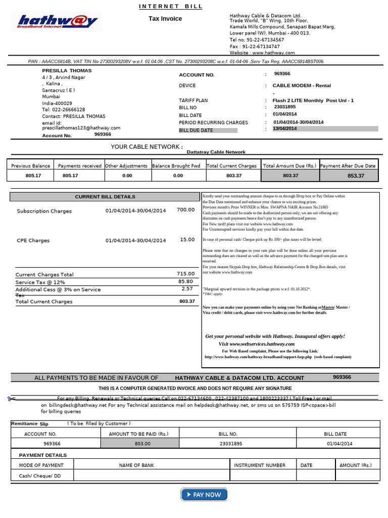 Hathway Internet Bill Invoice Details | PDF | Payments | Cheque