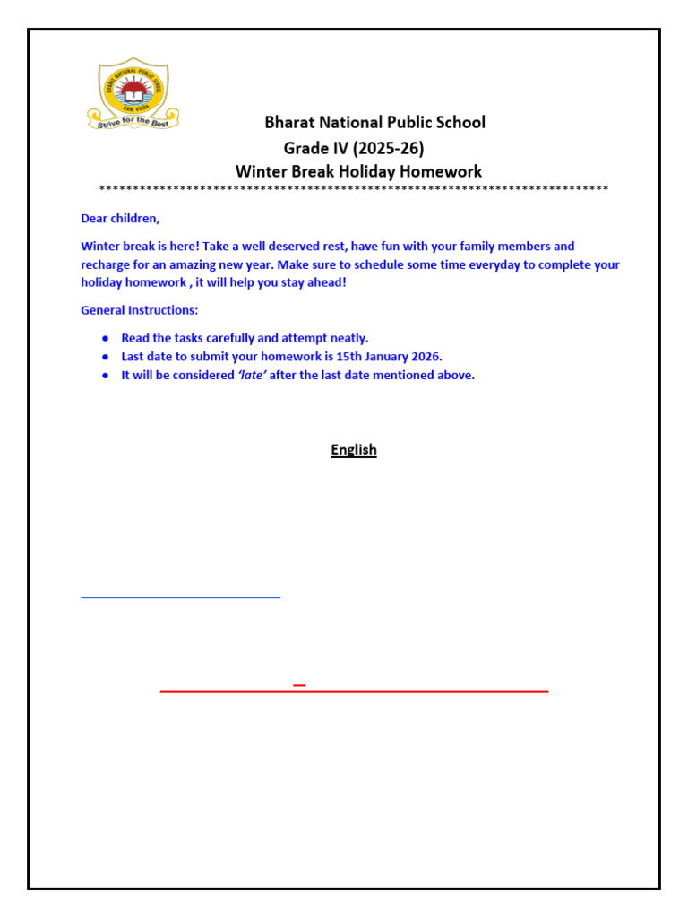 Grade IV Winter Break Homework 2025-26 | PDF
