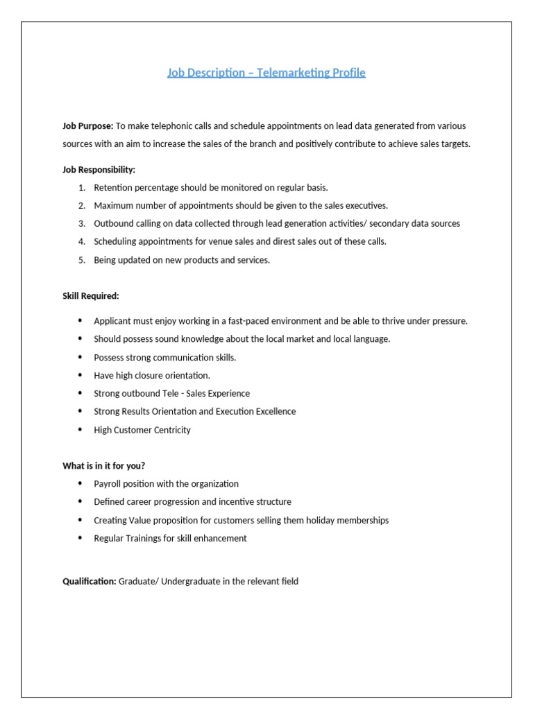 Telemarketing Job Description & Skills | PDF
