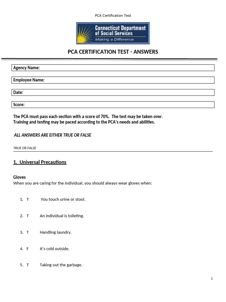PCA Certification Test: True/False Guide | PDF | Dementia