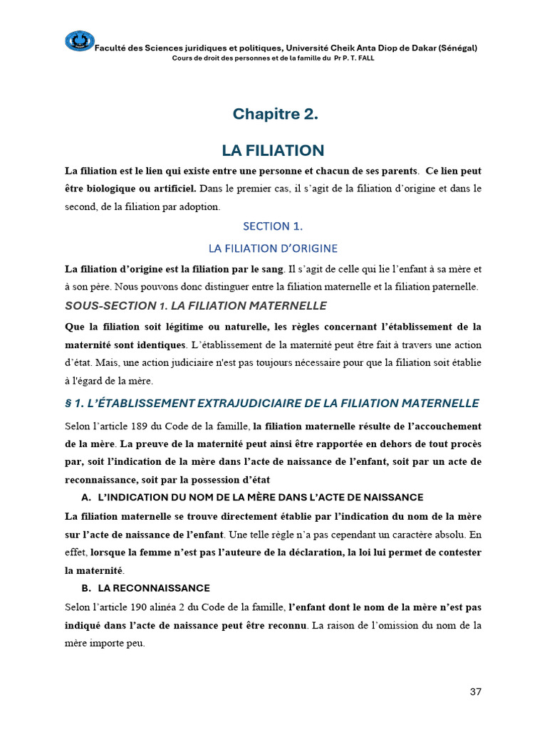 Filiation : Droit et Établissement au Sénégal | PDF | Filiation ...