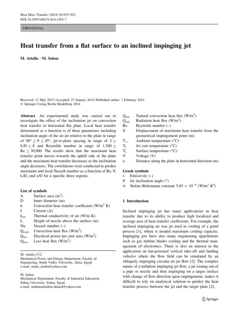 Heat Transfer From A Flat Surface To An Inclined Impinging Jet | PDF ...