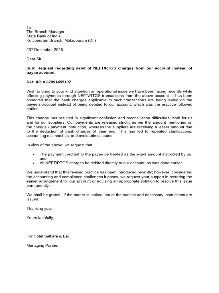 NEFT/RTGS Charges Request Letter | PDF