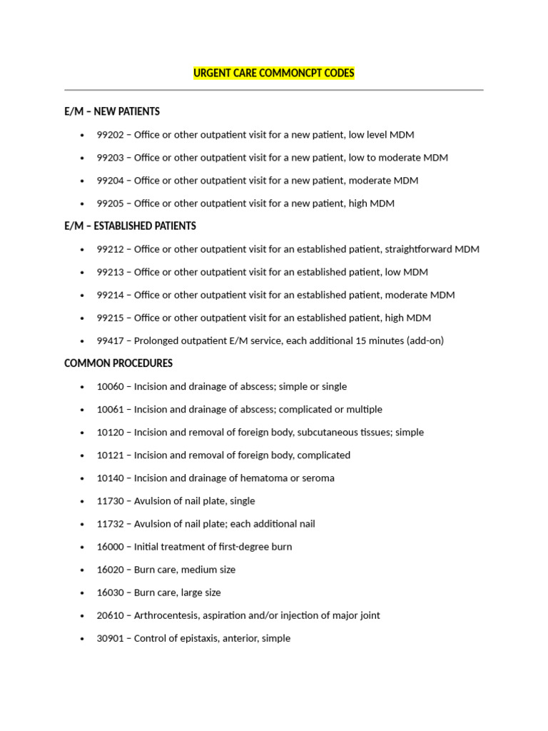 Urgent Care CPT Codes Guide | PDF | Thorax | Clinical Medicine