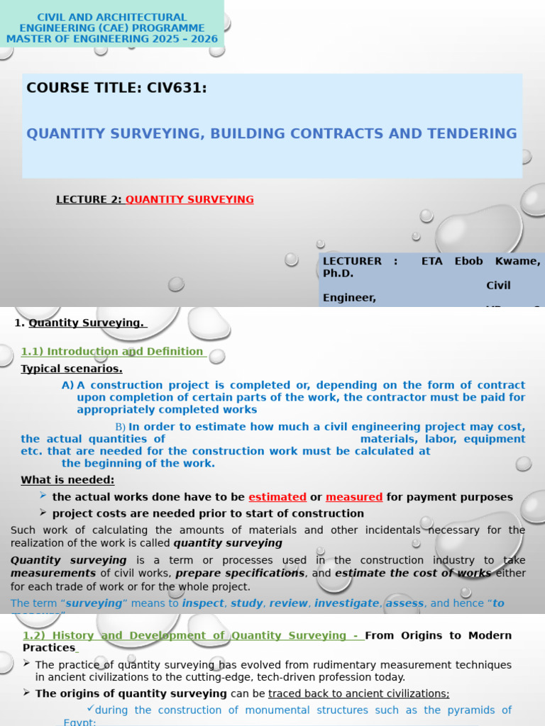Lecture 2 Quantity Surveying | PDF | Surveying | Real Estate Appraisal