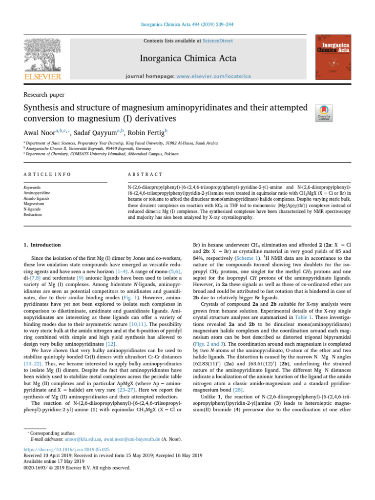 Synthesis of Magnesium Aminopyridinates | PDF | Coordination Complex ...