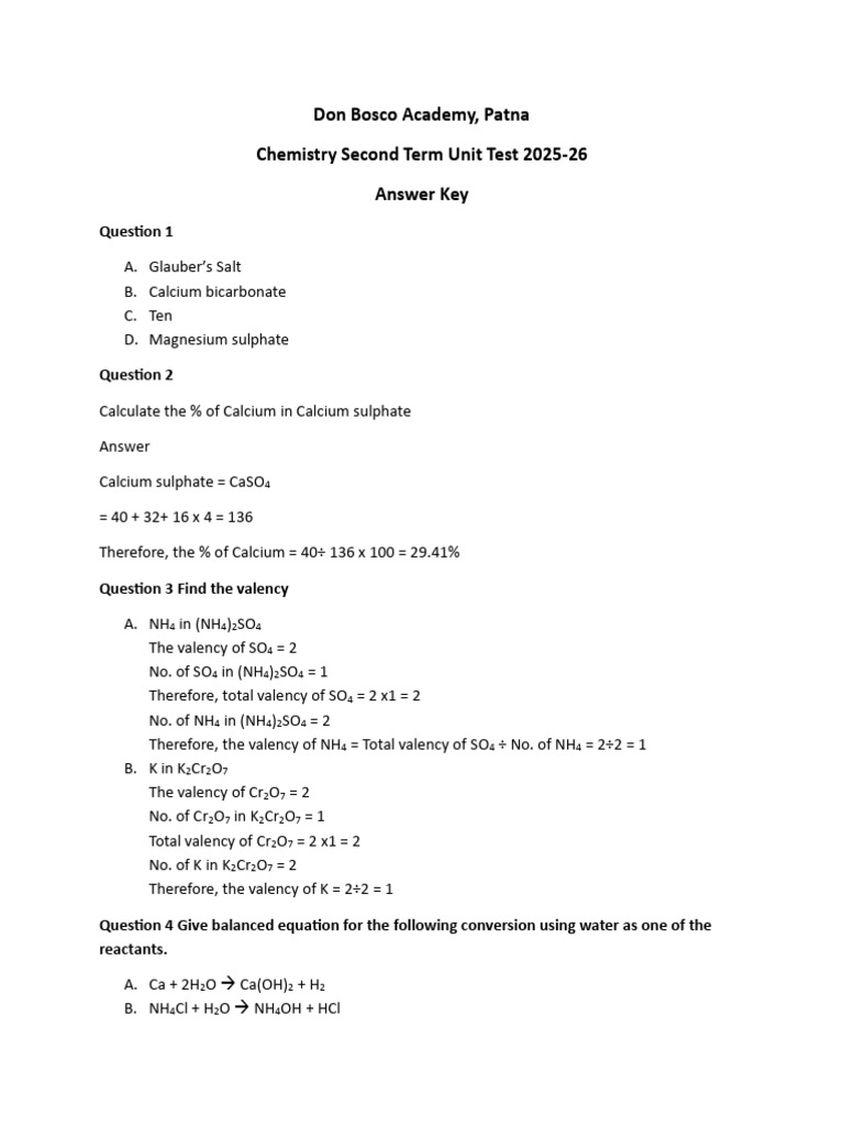 Unit Test 2 Chemistry Answer Key | PDF