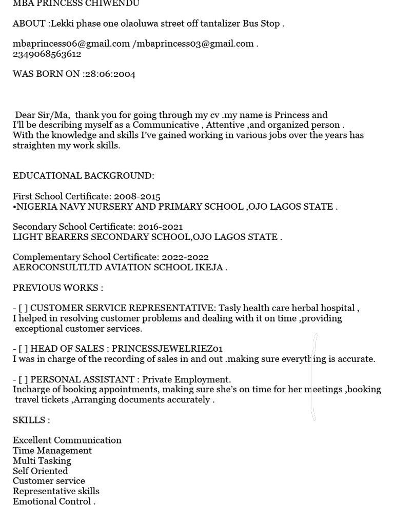 MBA Princess Chiwendu's CV Summary | PDF