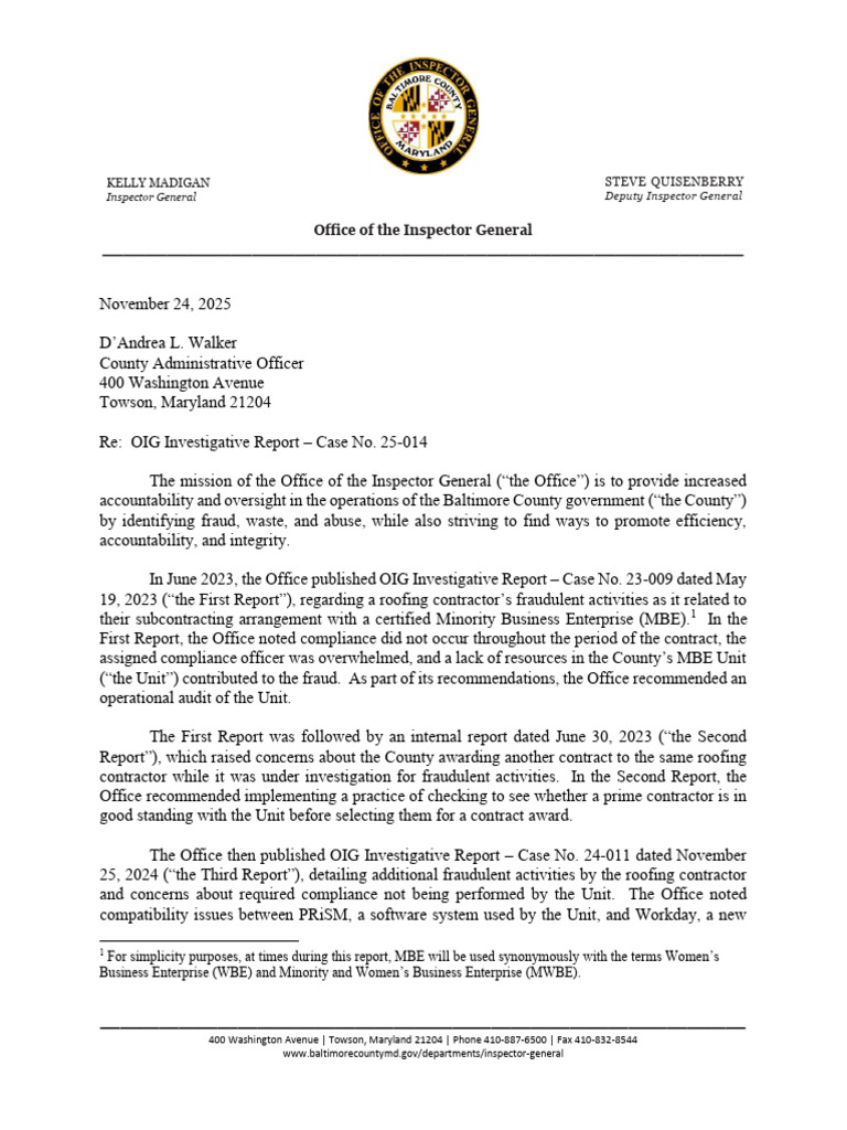 Baltimore County OIG Compliance Review | PDF | Subcontractor | Prism