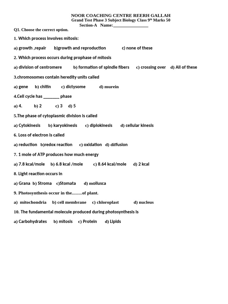 Biology Test for 9th Grade Students | PDF