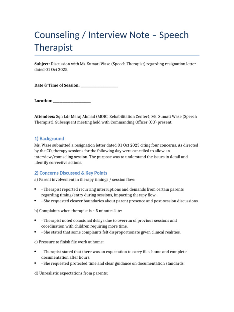 Speech Therapist Resignation Counseling Note | PDF