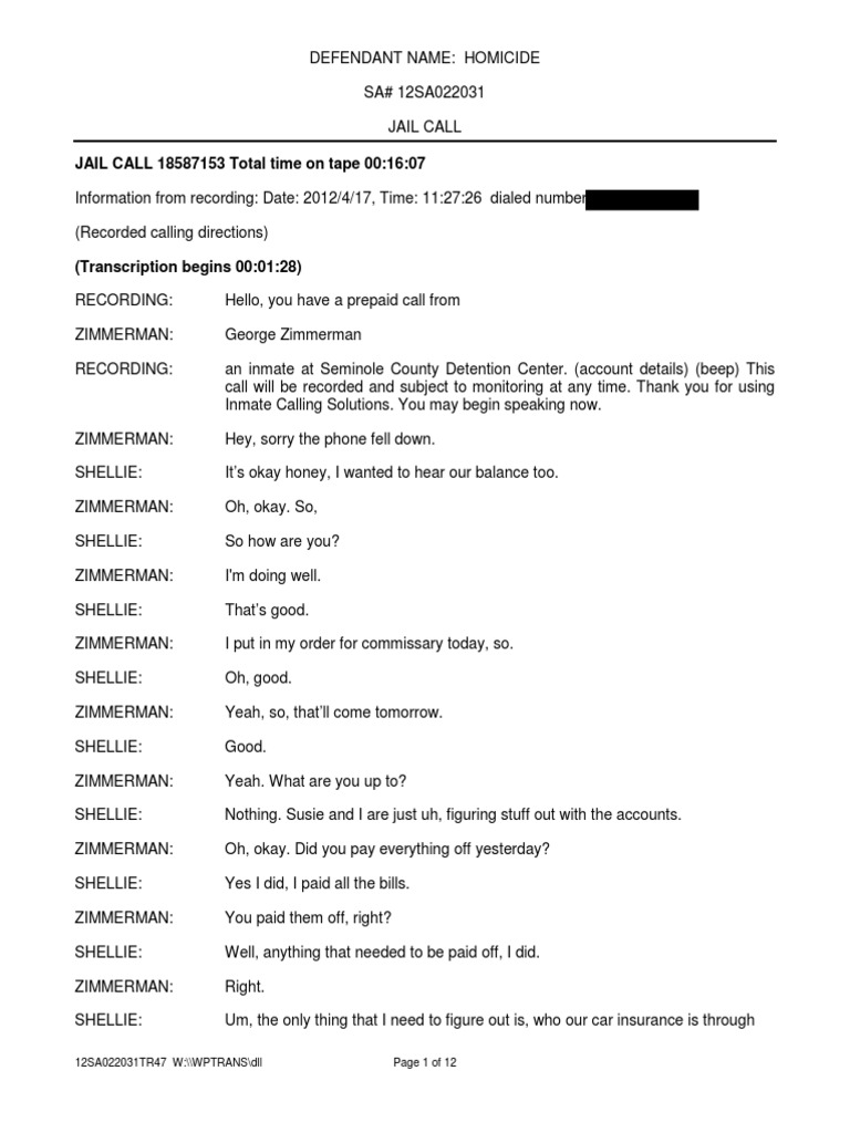 Zimmerman Jail Call 5 4/16 | PDF