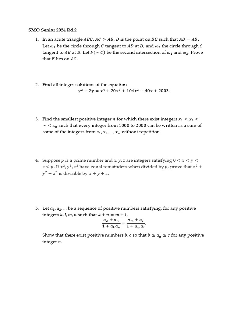 SMO Senior 2024 Round 2 Problems | PDF
