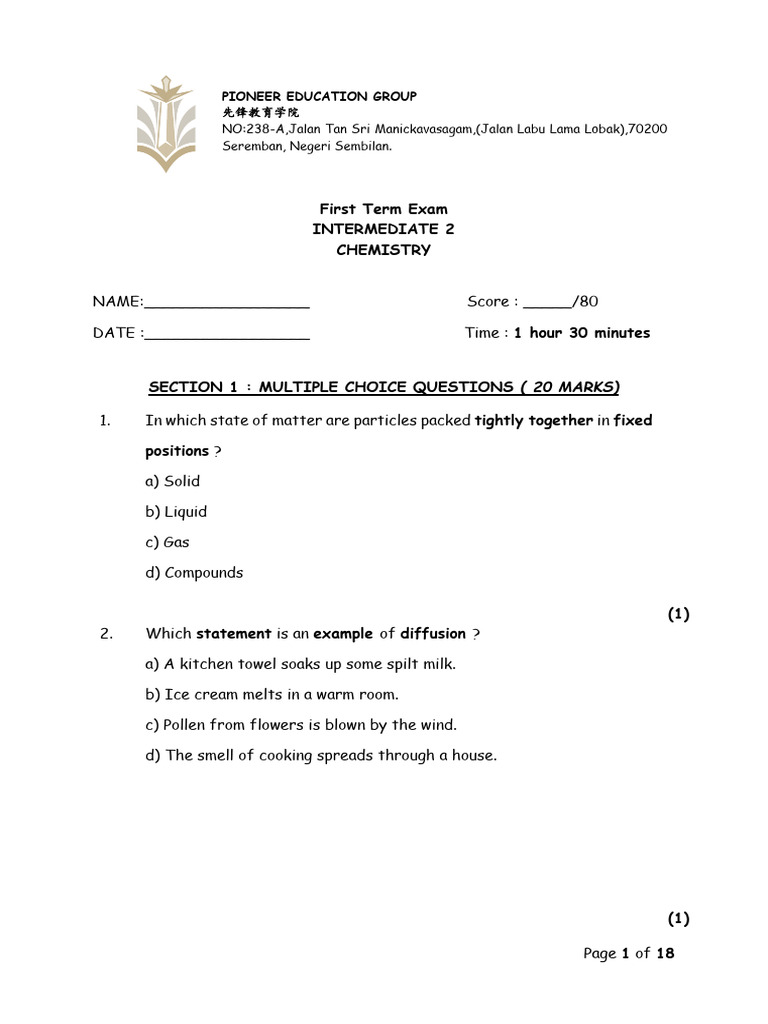 Intermediate 2 Chemistry Exam Paper | PDF | Atoms | Proton