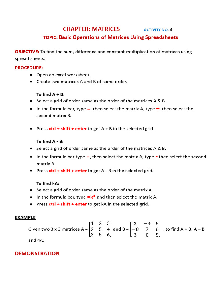 Matrix Operations in Spreadsheets | PDF