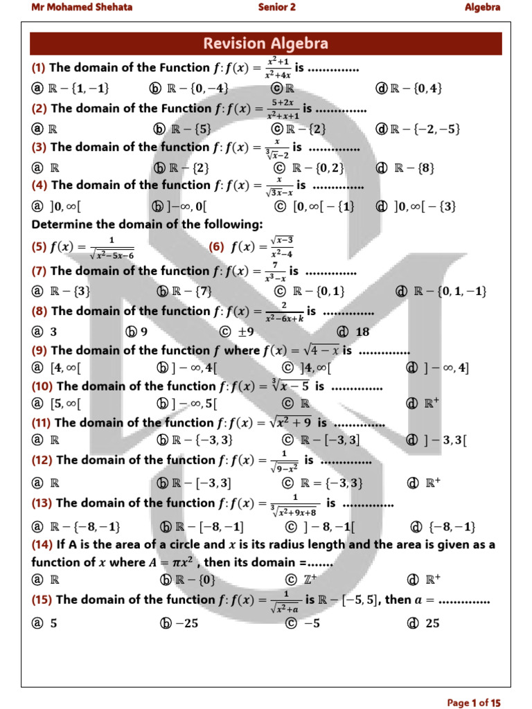 Algebra Function Domain Exercises | PDF | Exponential Function ...
