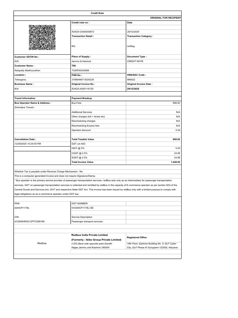 Credit Note for Passenger Transport Services | PDF | Government ...