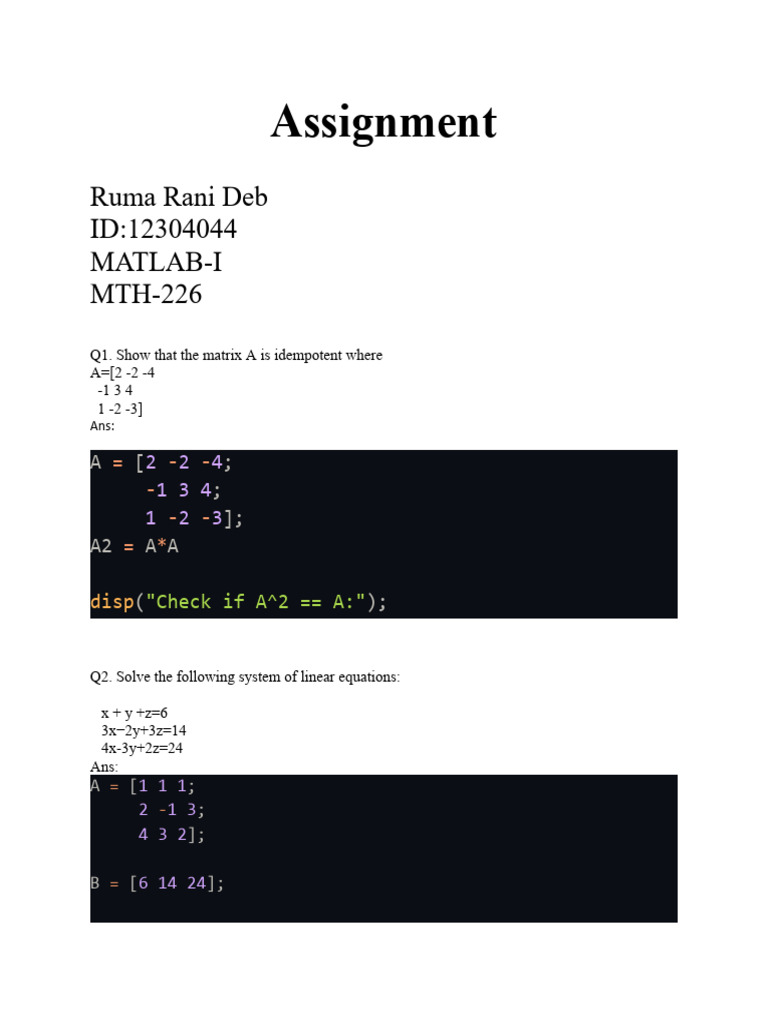 MATLAB Matrix Operations and Solutions | PDF | Algebra | Linear Algebra