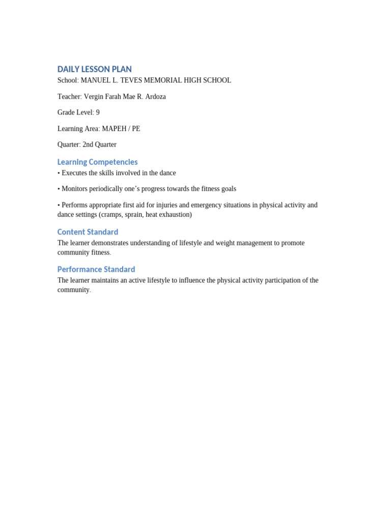 Grade 9 MAPEH Daily Lesson Plan | PDF