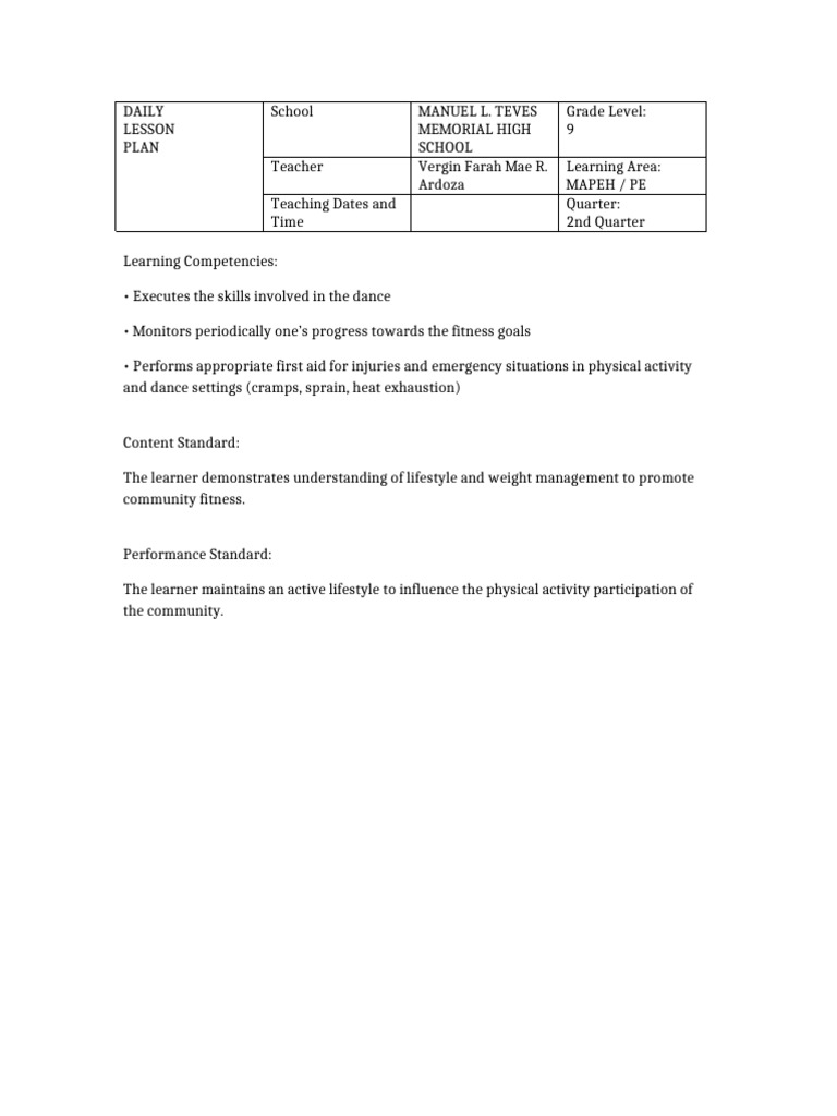 9th Grade MAPEH Daily Lesson Plan | PDF