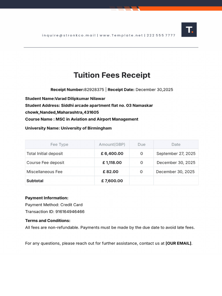 Tuition Fees Receipt Template | PDF