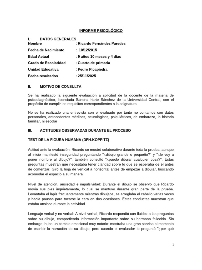 Informe Psicológico de Ricardo Fernández | PDF | Las emociones | Memoria