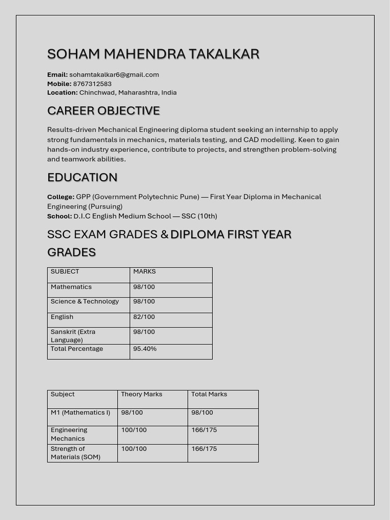 Mechanical Engineering Intern Profile | PDF