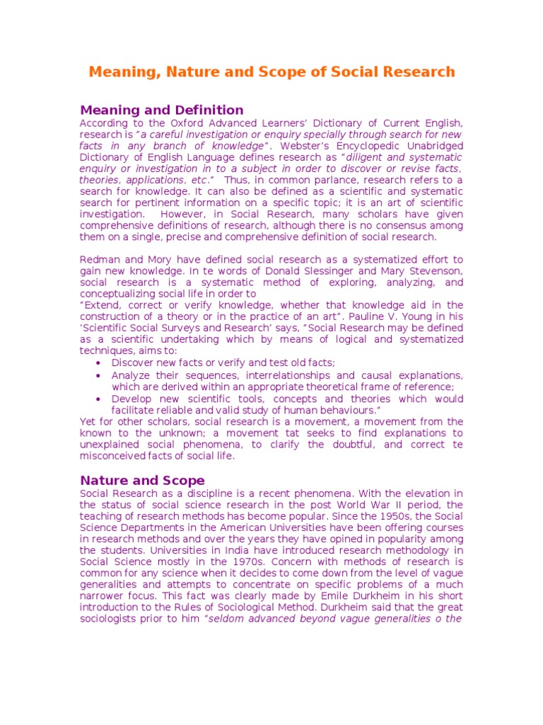 Nature and Scope of Social Research Social Sciences Social Research