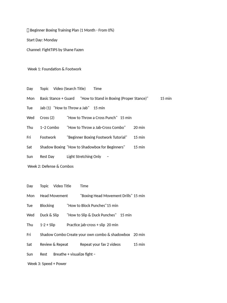 1-Month Beginner Boxing Training Plan | PDF