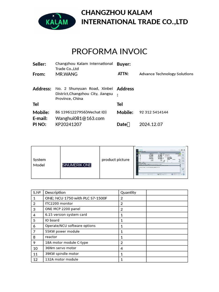 Proforma Invoice for SINUMERIK ONE System | PDF