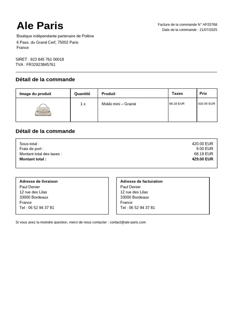 Commande Ale Paris N° AP25768 | PDF