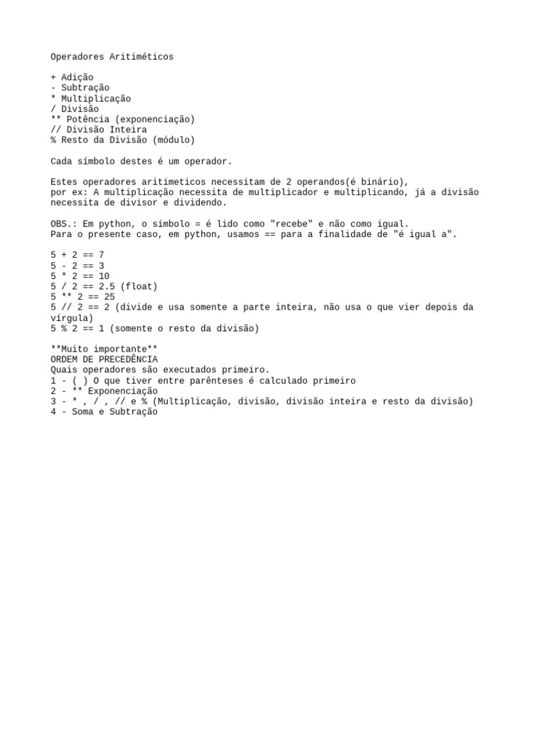 Operadores Aritméticos em Python | PDF