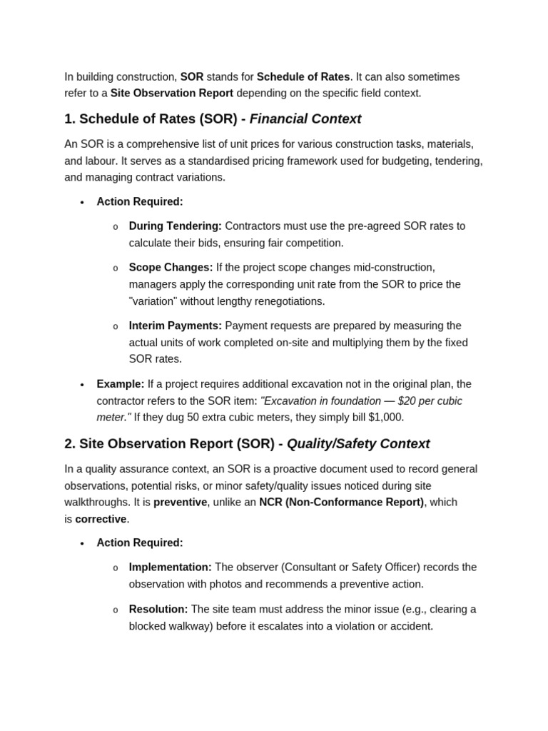 Understanding Schedule of Rates (SOR) in Construction | PDF