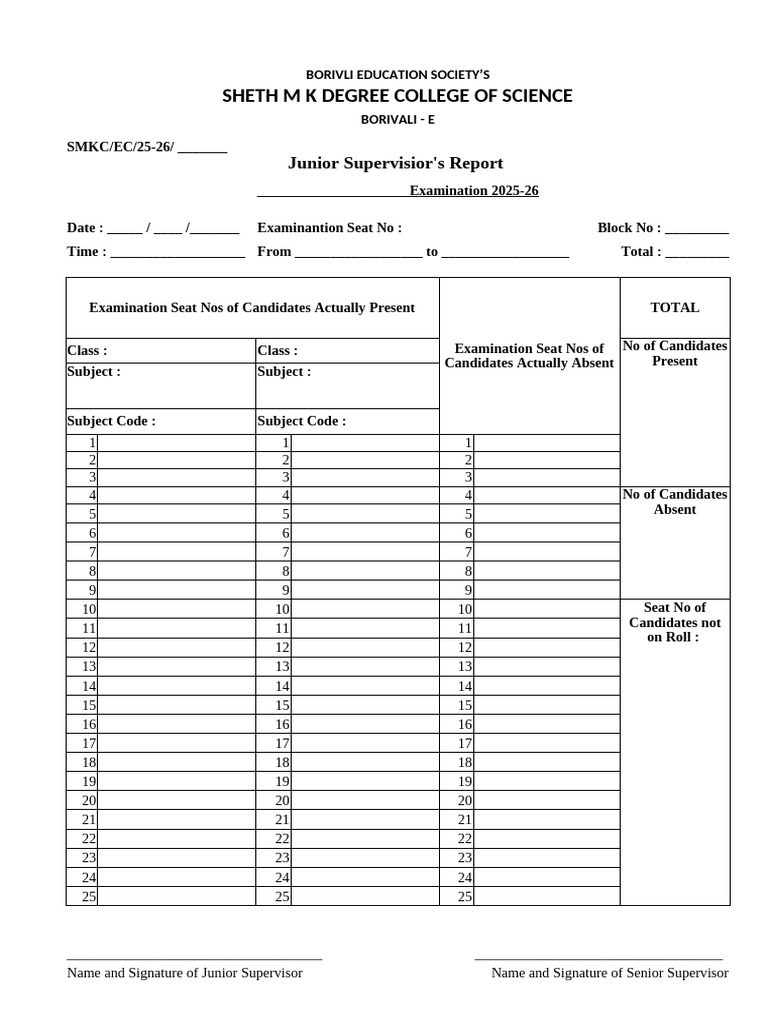 Junior Supervisor's Exam Report Template | PDF