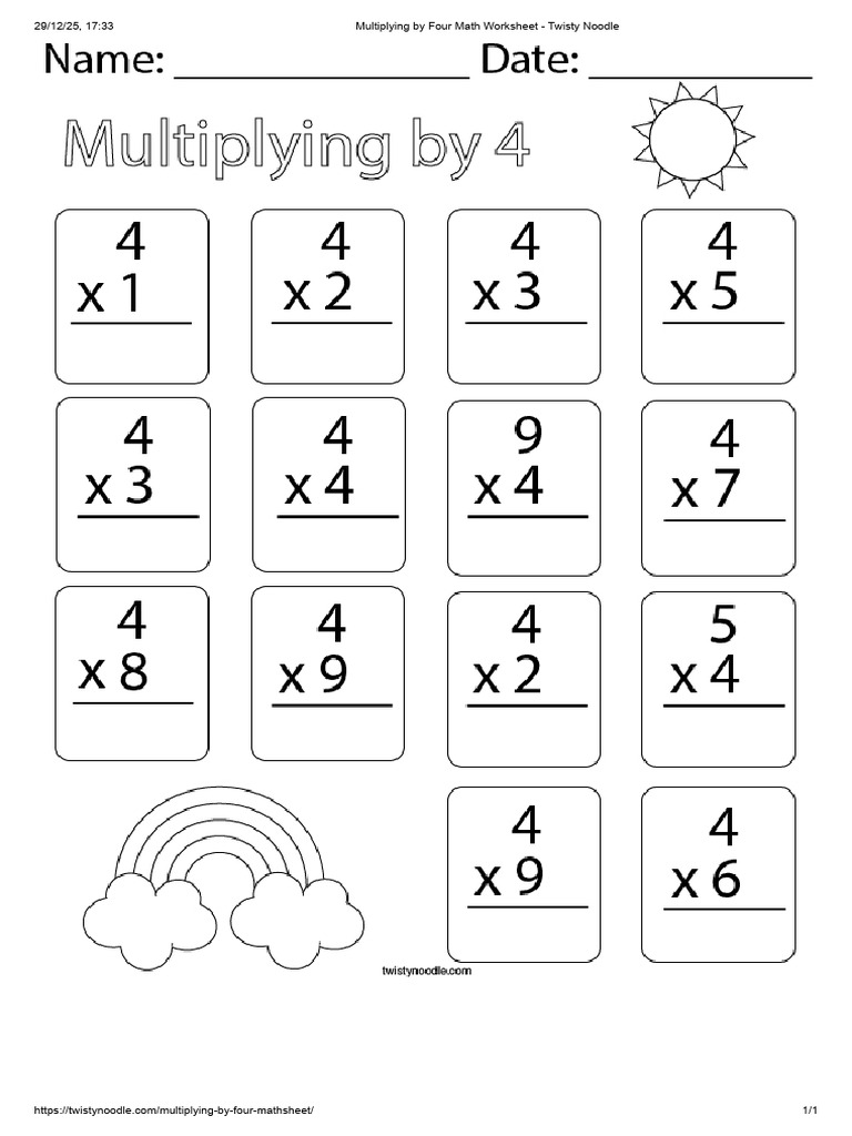 Multiplying by Four Math Worksheet - Twisty Noodle | PDF
