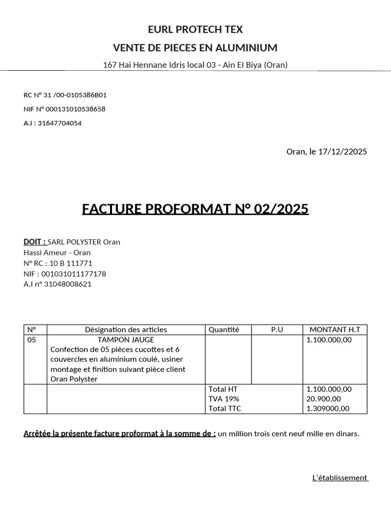Facture Proformat EURL Protech Tex | PDF