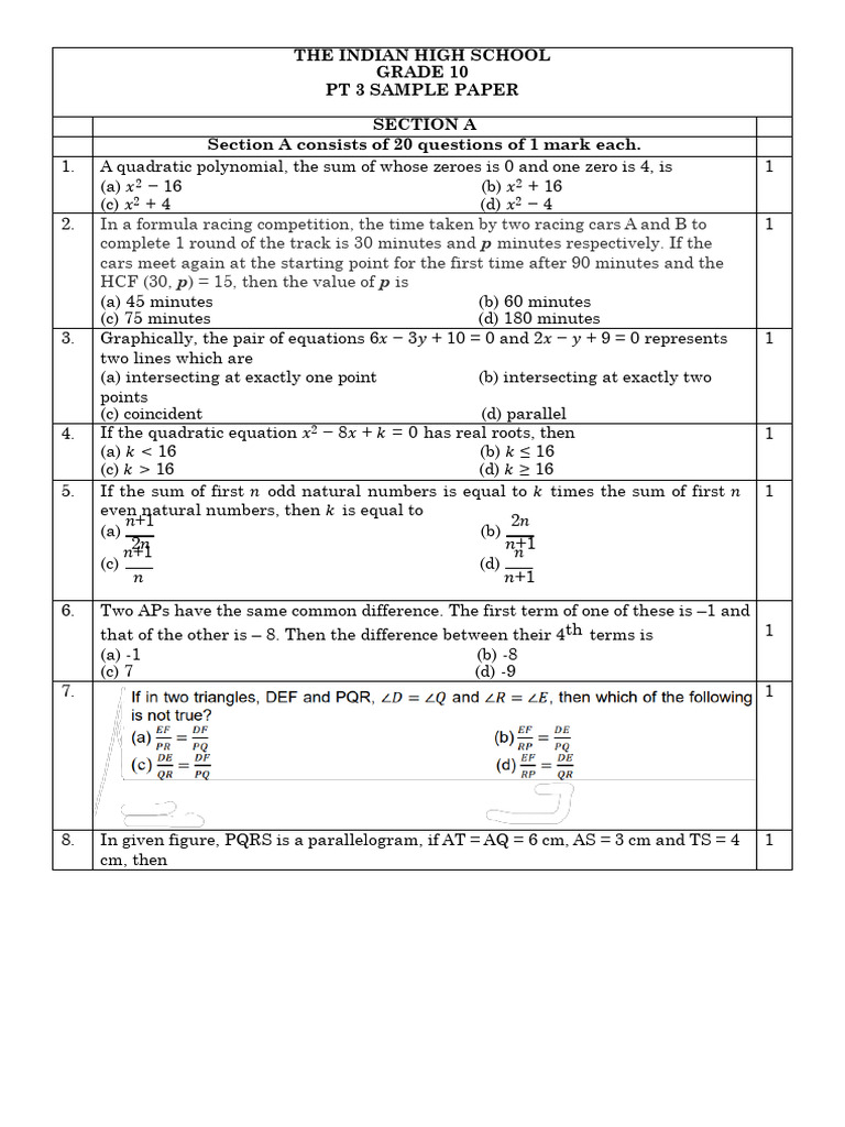 PT 3 - Grade 10 Sample Paper | PDF | Sphere | Area