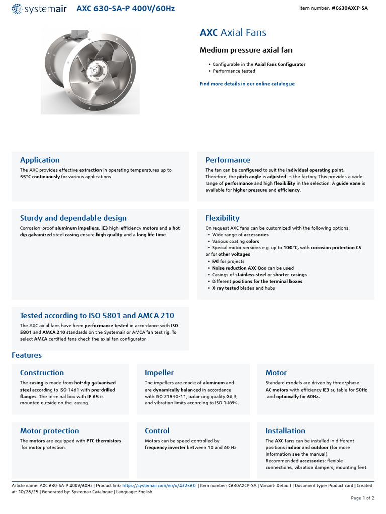 AXC 630-SA-P Axial Fan Specifications | PDF | Electricity | Mechanical ...