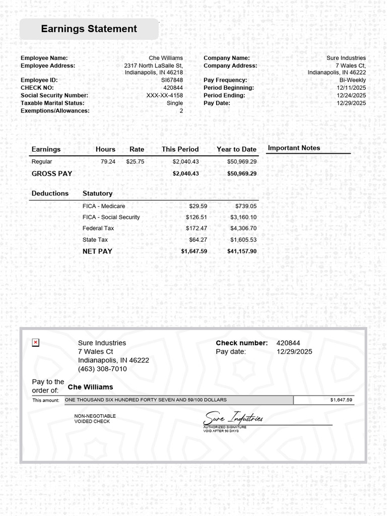 Che Williams Earnings Statement Summary | PDF | Social Security (United ...