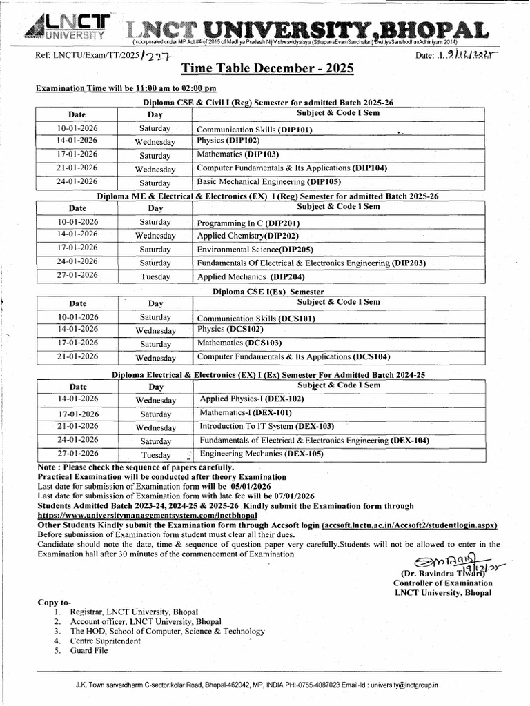 Dip Cs - Ce - Me- Ex i Sem Exam Time Table | PDF