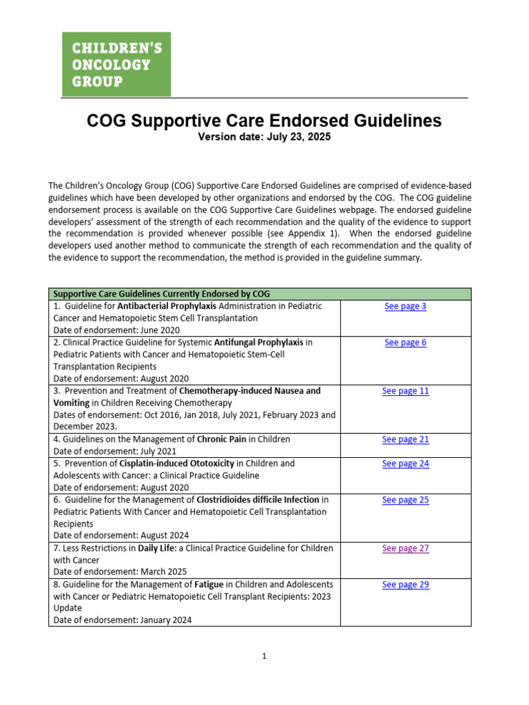 COG Supportive Care Guidelines 2025 | PDF | Medical Treatments | Drugs