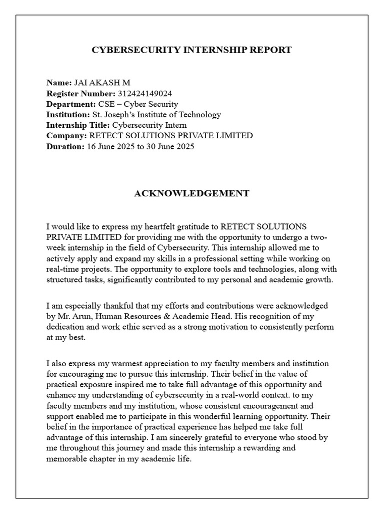 Cybersecurity Internship Report Summary | PDF | Computer Security ...